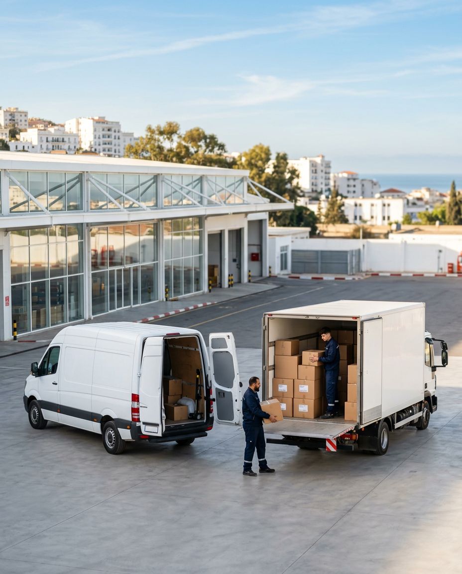A van and a truck loaded with boxes in front of a warehouse